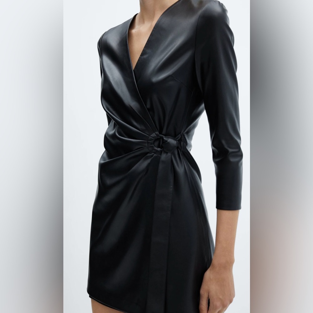 NWT - Mango - Black Faux Leather Long Sleeve Wrap Dress - 6